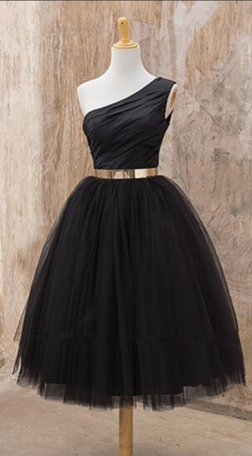 One Shoulder Sleeveless Ball A Line Homecoming Dresses Carla Gown Black Tulle Ruched Pleated