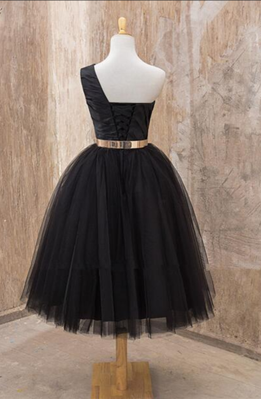 One Shoulder Sleeveless Ball A Line Homecoming Dresses Carla Gown Black Tulle Ruched Pleated