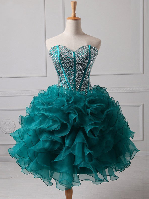 Ruffles Jayla Homecoming Dresses Ball Gown Strapless Sweetheart Backless Rhinestone Organza Teal