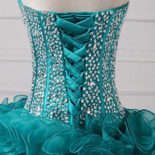 Ruffles Jayla Homecoming Dresses Ball Gown Strapless Sweetheart Backless Rhinestone Organza Teal