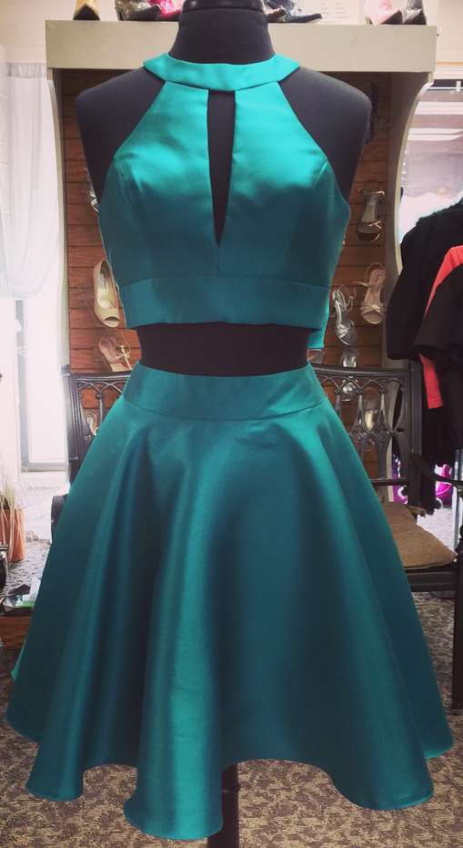 Halter Homecoming Dresses Two Pieces A Line Satin Camilla Sleeveless Cut Out Bow Knot Teal Pleated