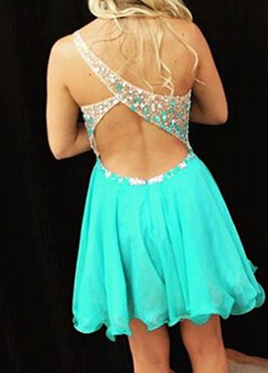 Sleeveless Marely Chiffon Homecoming Dresses Deep V Neck Backless Rhinestone Teal Pleated Cut Out