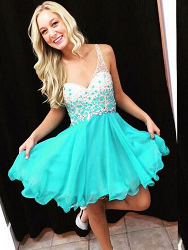 Sleeveless Marely Chiffon Homecoming Dresses Deep V Neck Backless Rhinestone Teal Pleated Cut Out