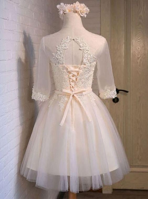 Half Sleeve Sheer Scoop Appliques Tulle Cut Out Homecoming Dresses A Line Cynthia Ivory Lace Pleated Up