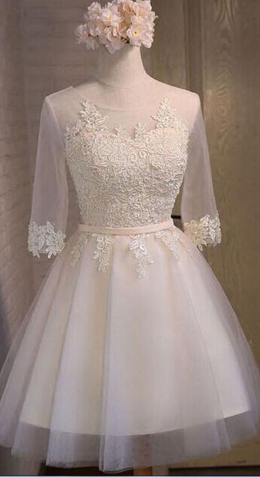 Half Sleeve Sheer Scoop Appliques Tulle Cut Out Homecoming Dresses A Line Cynthia Ivory Lace Pleated Up