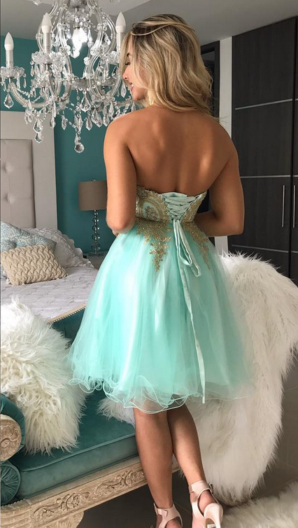 Strapless Sweetheart Appliques Juliette Homecoming Dresses A Line Backless Mint Green Organza