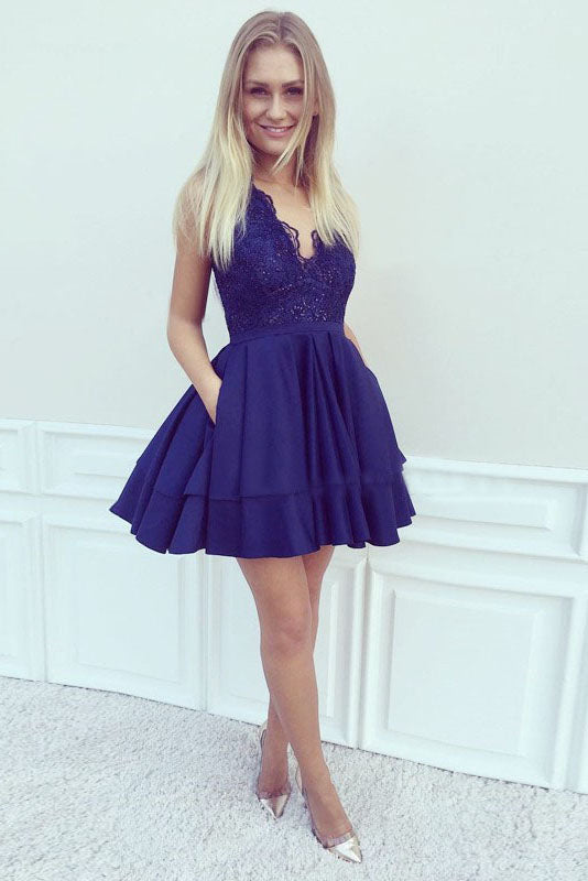 Deep V Neck Sleeveless Appliques Dark Presley Satin Homecoming Dresses Navy Tiered Pleated Short