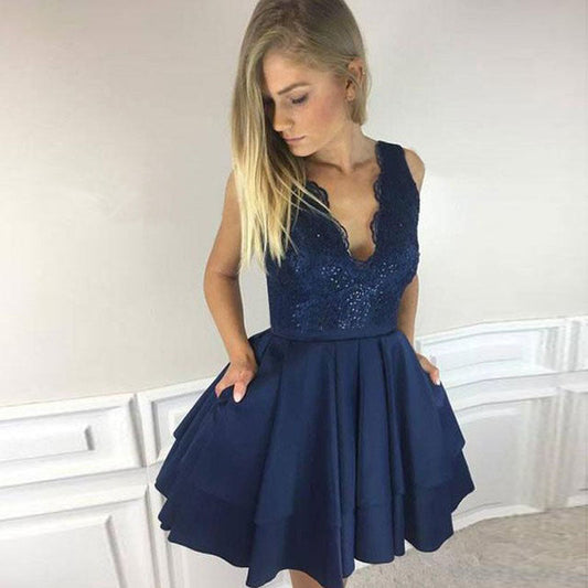 Deep V Neck Sleeveless Appliques Dark Presley Satin Homecoming Dresses Navy Tiered Pleated Short