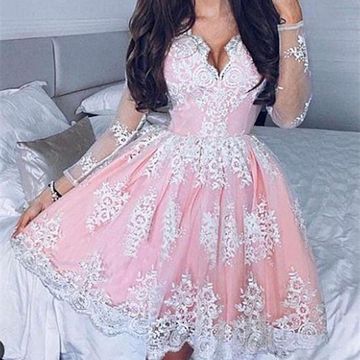 Long Sleeve Ball Gown Pleated Deep V Neck Sheer Lace Annika Homecoming Dresses Pink Flowers Mini