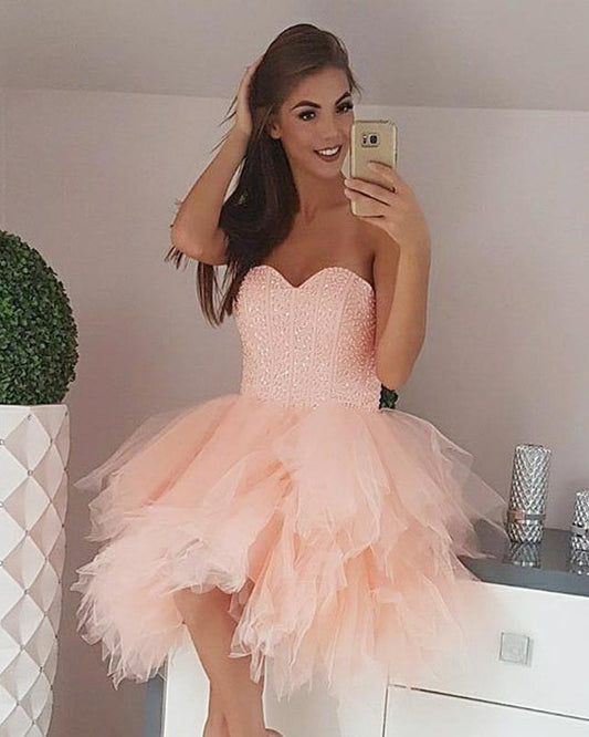 Strapless Sweetheart Gwendolyn Homecoming Dresses Backless Ball Gown Tulle Ruffles Short Sexy