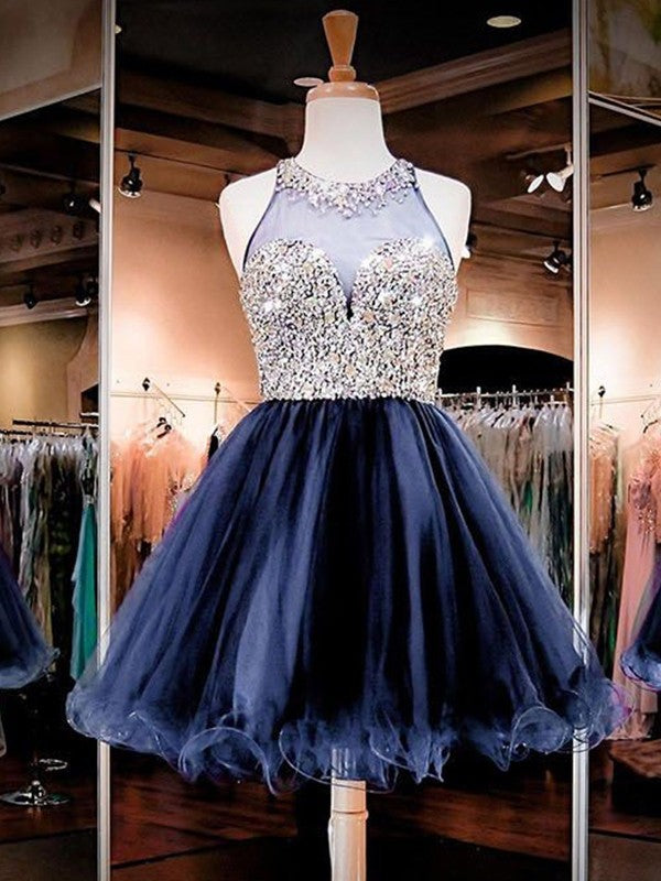 Caroline A Line Homecoming Dresses Halter Rhinestone Sheer Backless Pleated Organza Dark Navy