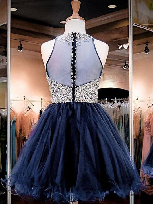 Caroline A Line Homecoming Dresses Halter Rhinestone Sheer Backless Pleated Organza Dark Navy