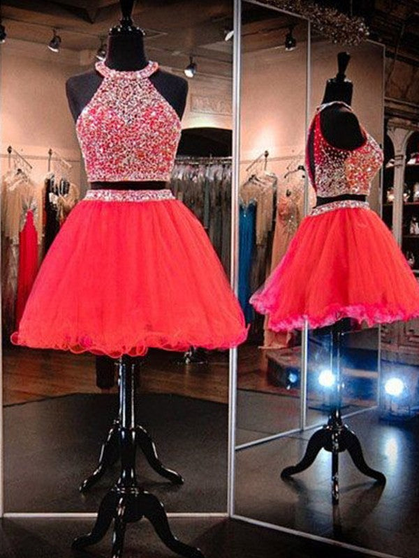 Sleeveless Pleated Organza Red A Line Ruth Homecoming Dresses Two Pieces Halter Rhinestone Backless