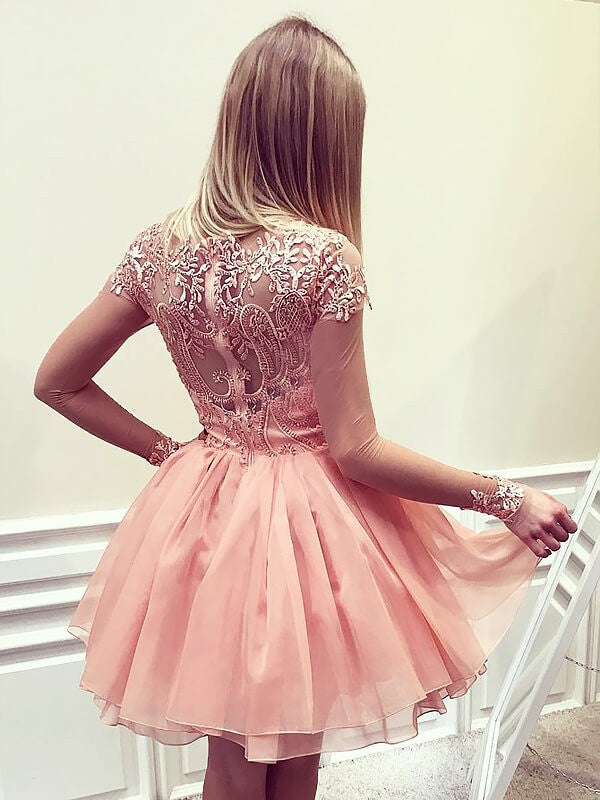 Sweetheart Off The Shoulder Homecoming Dresses A Line Malia Chiffon Long Sleeve Sheer Beading