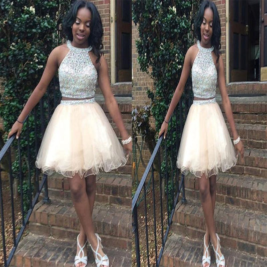 Halter Organza Sleeveless Rhinestone Ivory Londyn A Line Homecoming Dresses Two Pieces Beading