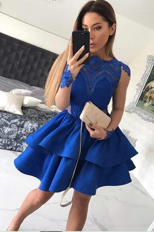 Sanaa Homecoming Dresses Satin Lace Royal Blue Jewel Long Sleeve Appliques Tiered Short