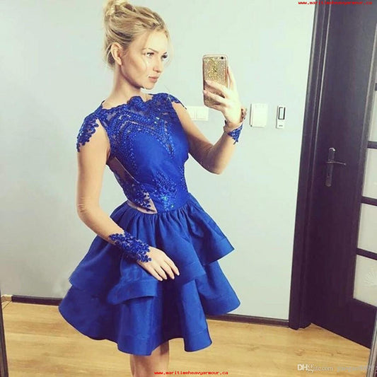 Sanaa Homecoming Dresses Satin Lace Royal Blue Jewel Long Sleeve Appliques Tiered Short