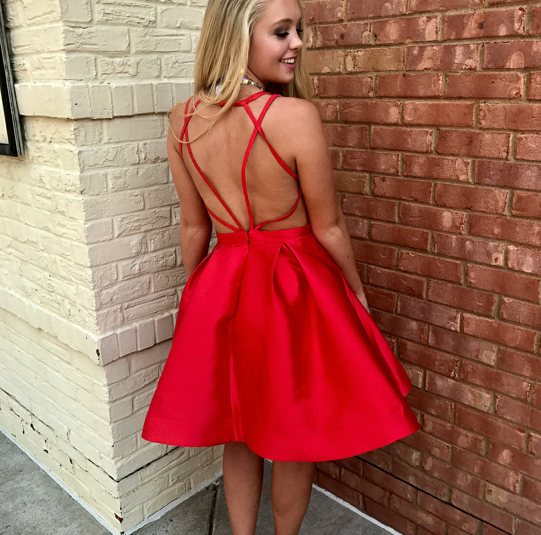 V Neck Backless Homecoming Dresses A Line Teagan Satin Pleated Red Criss Cross Straps Sexy