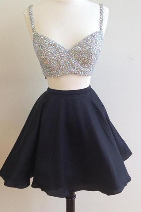 V Chiffon Two Pieces A Line Lorelai Homecoming Dresses Neck Sleeveless Rhinestone Sparkle Pleated