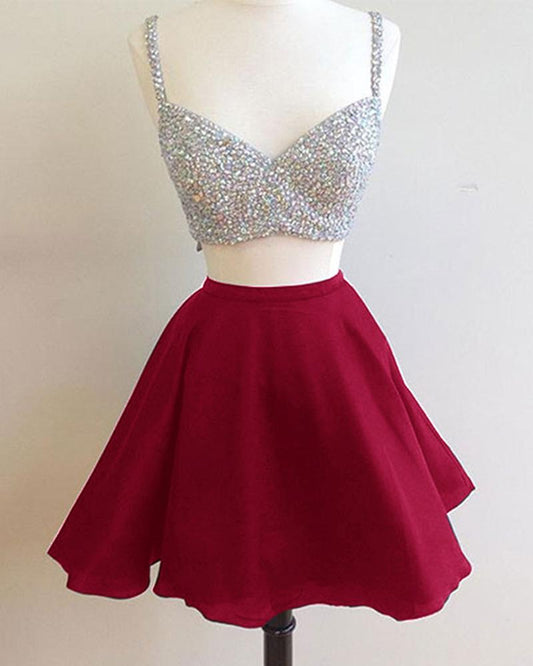 V Chiffon Two Pieces A Line Lorelai Homecoming Dresses Neck Sleeveless Rhinestone Sparkle Pleated