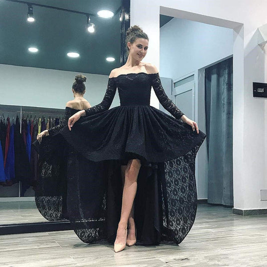 Off The Shoulder Long Sleeve Ball Gown Pleated Lorna Lace Homecoming Dresses High Low