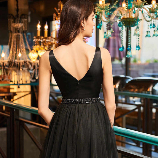 Deep V Homecoming Dresses A Line Renee Neck Sleeveless Rhinestone Organza Black High Low