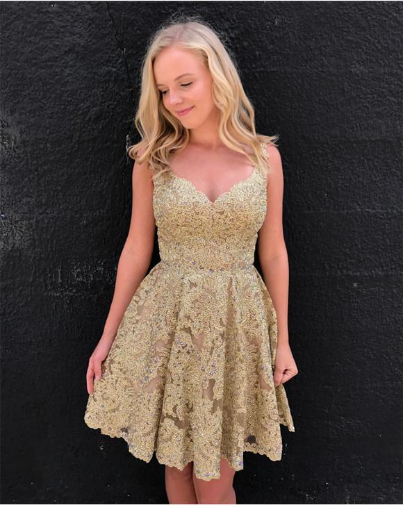 Gold V Neck Sleeveless Lace Louise Homecoming Dresses A Line Appliques Pleated Flowers Backless