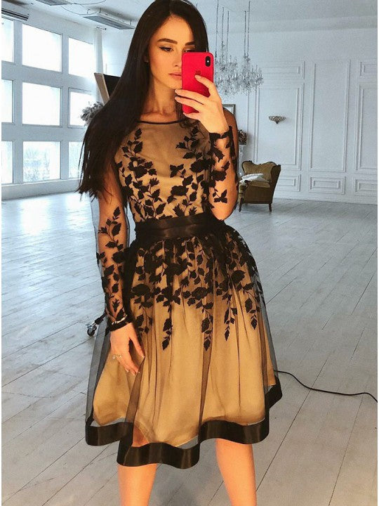 Long Gabriela Lace Homecoming Dresses Sleeve Flowers Scoop Sheer Appliques Organza Pleated Knee Length