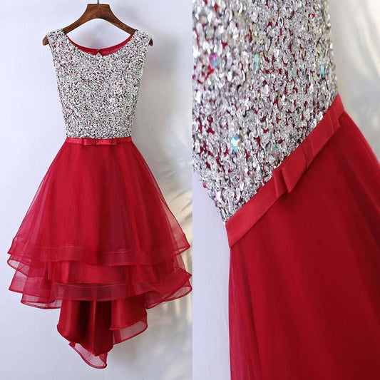 Scoop Red Organza Homecoming Dresses A Line Mariana High Low Bowknot Organza Rhinestone Sleeveless