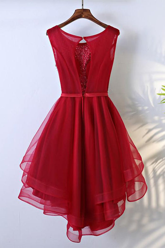 Scoop Red Organza Homecoming Dresses A Line Mariana High Low Bowknot Organza Rhinestone Sleeveless