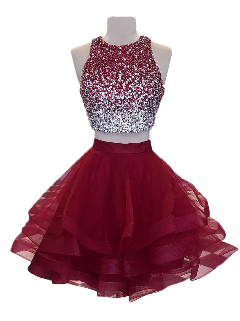 Jewel Sleeveless Rhinestone Organza Ruffles A Line Jaliyah Two Pieces Homecoming Dresses Backless