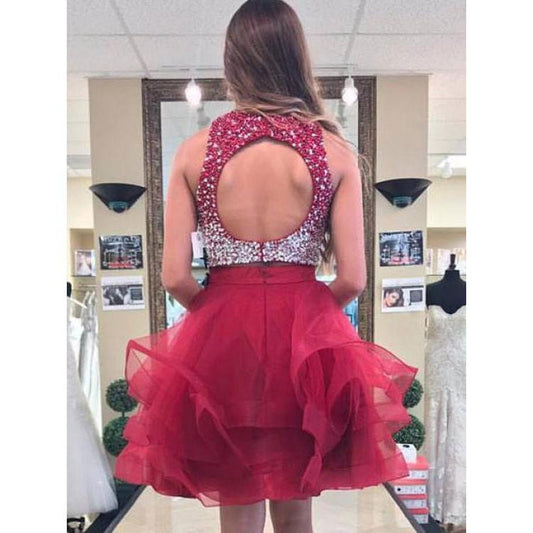 Jewel Sleeveless Rhinestone Organza Ruffles A Line Jaliyah Two Pieces Homecoming Dresses Backless