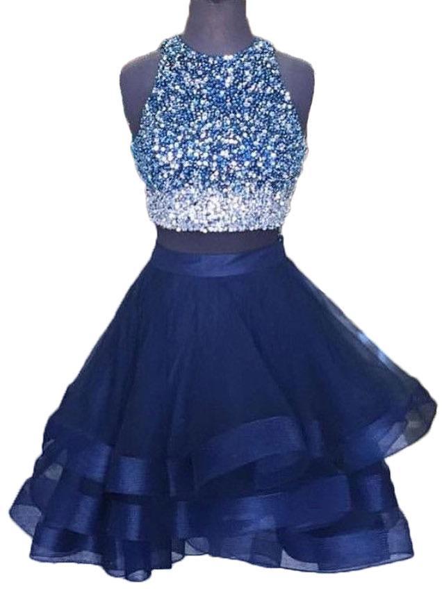 Jewel Sleeveless Rhinestone Organza Ruffles A Line Jaliyah Two Pieces Homecoming Dresses Backless