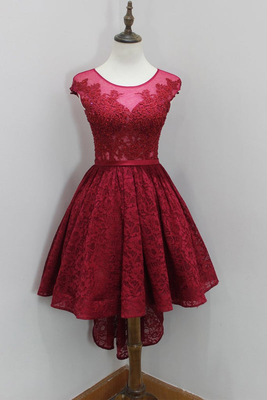 Cap Lace Homecoming Dresses Marilyn A Line Sleeve Scoop Sheer Pleated Burgundy High Low Flowers