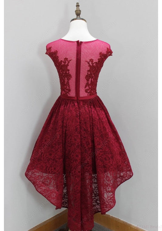 Cap Sleeve Scoop A Line Lace Scarlet Homecoming Dresses Sheer Pleated Burgundy High Low Flowers