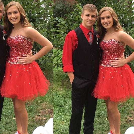 Red Homecoming Dresses A Line Wendy Strapless Sweetheart Rhinestone Organza Backless Sparkle