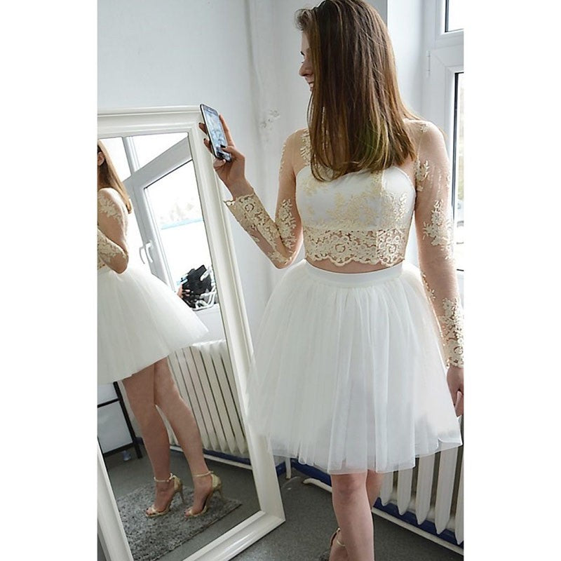 Long Sleeve White Jewel Appliques Tulle Cut Angelique Homecoming Dresses Lace Out Sheer Ball Gown