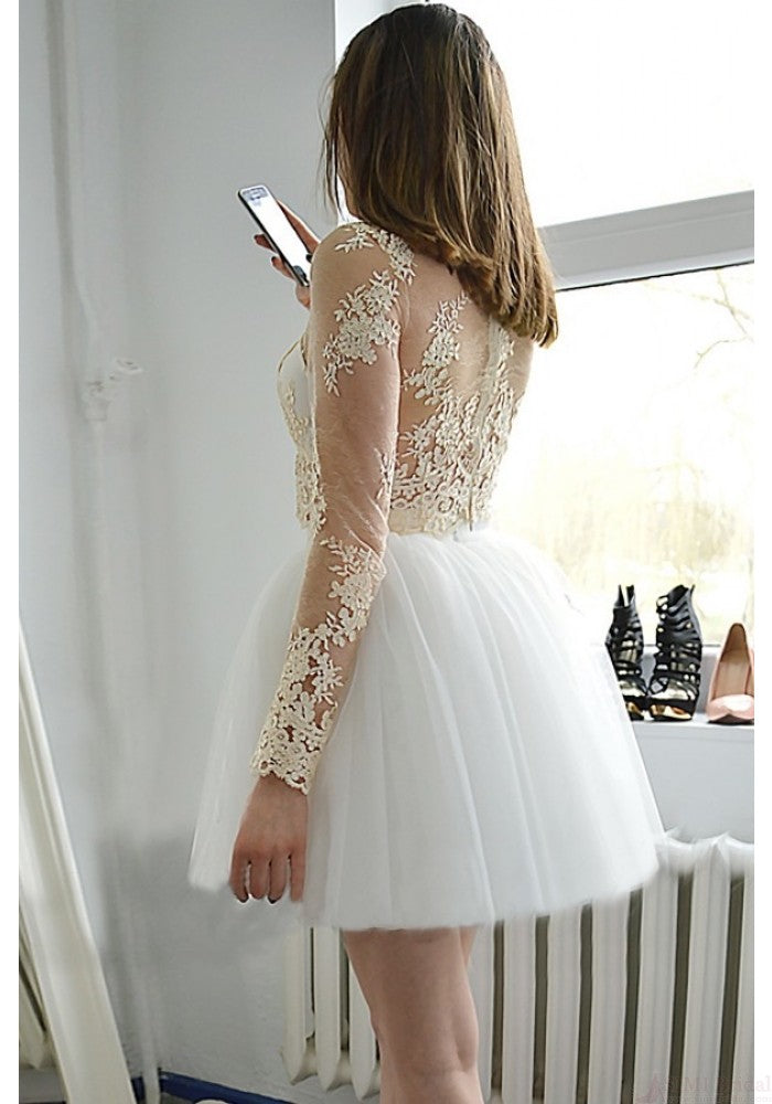 Long Sleeve White Jewel Appliques Tulle Cut Angelique Homecoming Dresses Lace Out Sheer Ball Gown