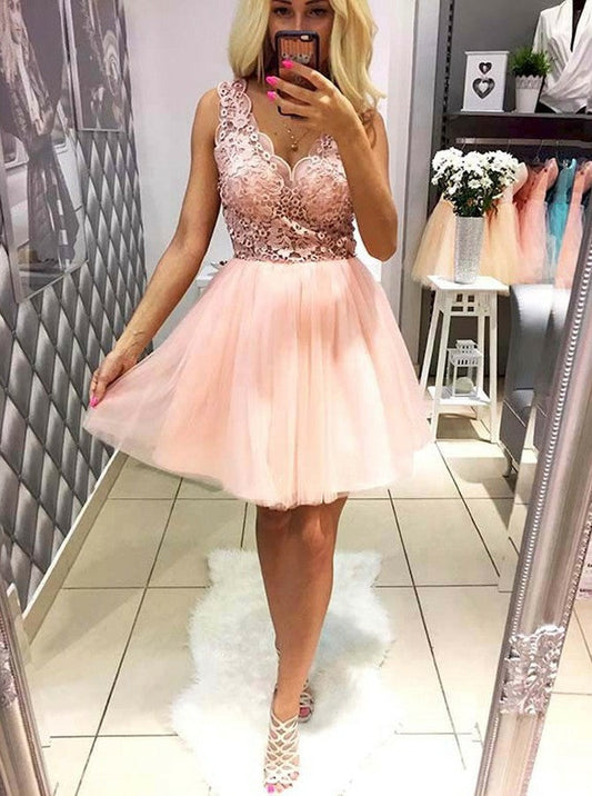 Sleeveless Peach Deep V Neck Appliques Lace A Line Homecoming Dresses Helga Flowers Tulle Pleated