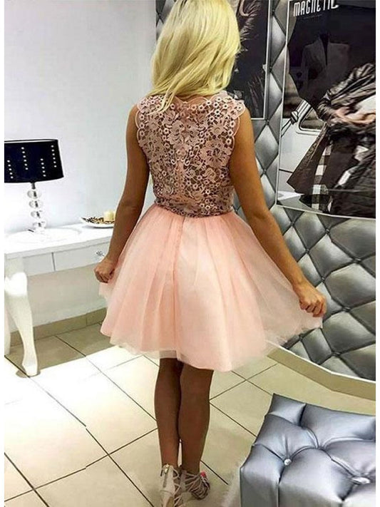 Sleeveless Peach Deep V Neck Appliques Lace A Line Homecoming Dresses Helga Flowers Tulle Pleated