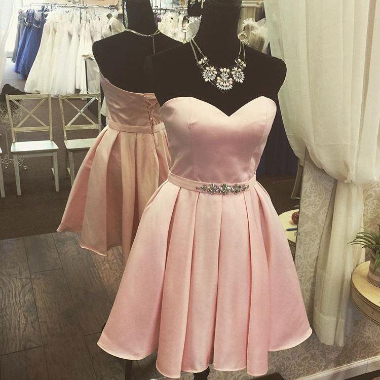 Strapless Sweetheart Pink Satin Lace Melody Homecoming Dresses A Line Backless Pleated Rhinestone Up