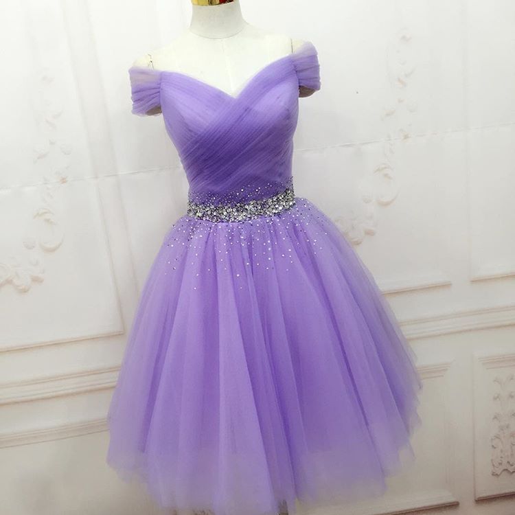 Off A Line Homecoming Dresses LuLu The Shoulder V Neck Lilac Rhinestone Tulle Pleated Ruched