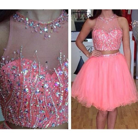 Jewel Sleeveless Sheer Two Pieces Homecoming Dresses Olga Rhinestone Ball Gown Organza