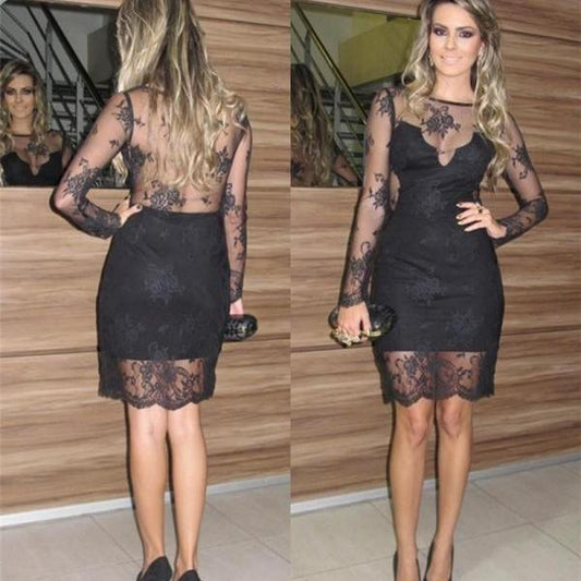 Sexy Hannah Lace Homecoming Dresses Black Long Sleeve Sheath Sheer Back Flowers See Through