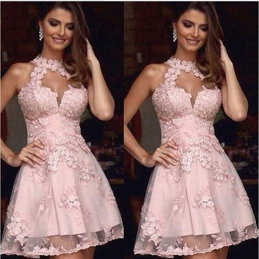 Pink Homecoming Dresses Dalia Lace A Line Halter Sleeveless Cut Out Appliques Flowers Pleated