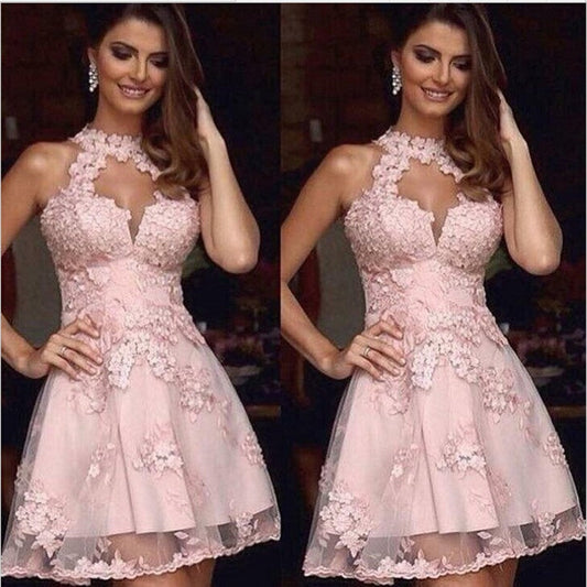 Halter Sleeveless Lace Alyvia Homecoming Dresses A Line Pink Cut Out Appliques Flowers Pleated