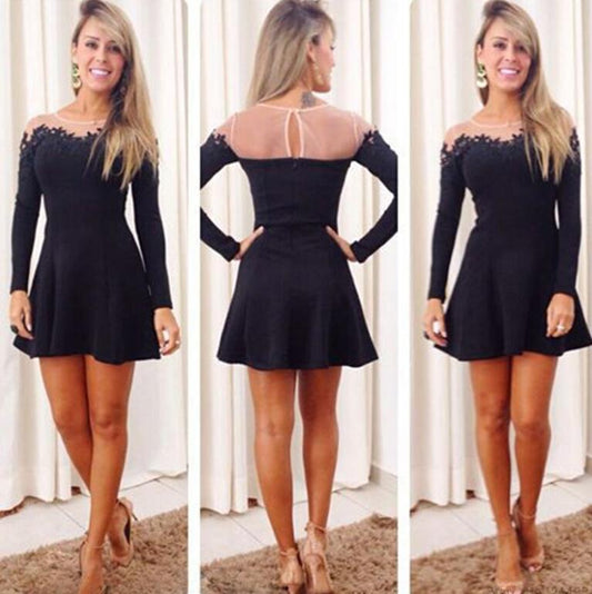 Alyssa Satin Homecoming Dresses A Line Scoop Long Sleeve Sheer Black Pleated Short Cut Out Appliques