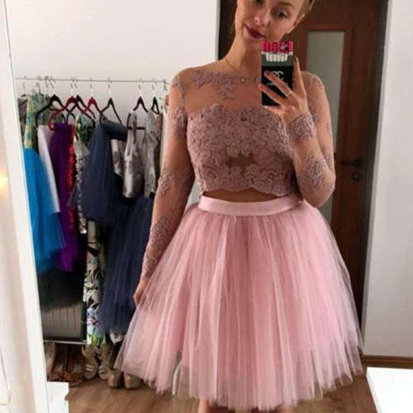 Bateau Long Sleeve Appliques Homecoming Dresses Roselyn A Line Two Pieces Pink Lace Tulle Pleated