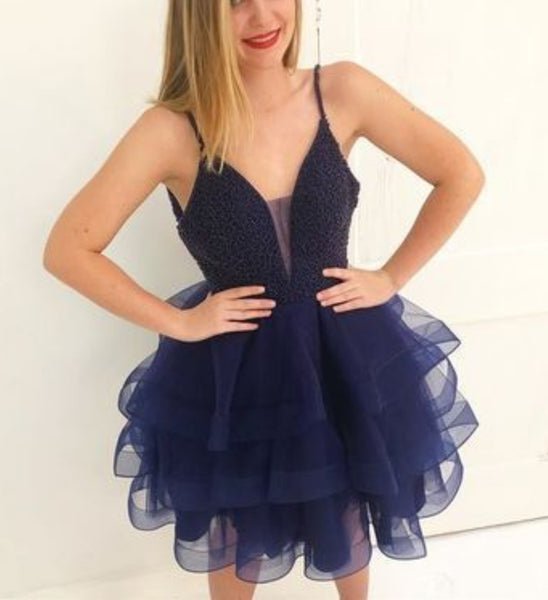 Spaghetti Straps Ball Gown V Neck Sheer Organza Cheyenne Homecoming Dresses Tiered Sheer Dark Navy