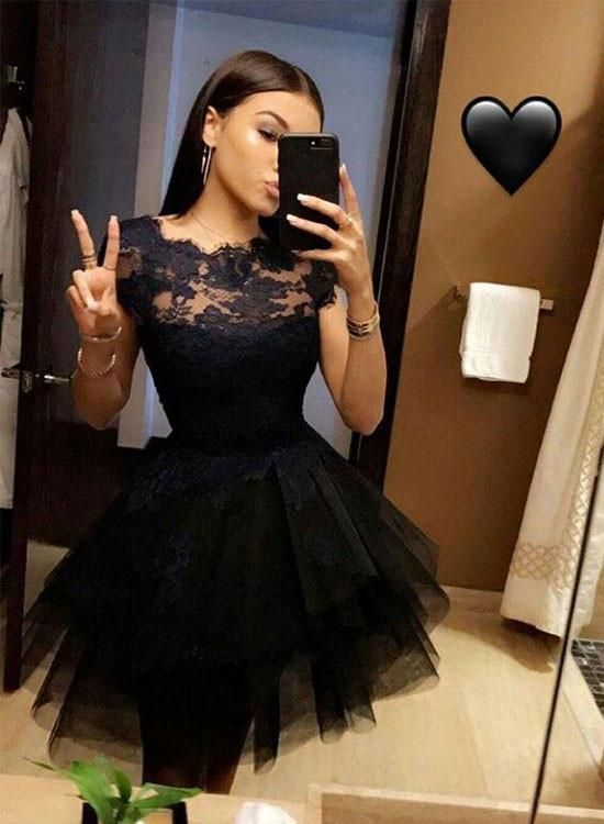 Short Sleeve Jewel Lace A Line Homecoming Dresses Mandy Tulle Pleated Appliques Sheer